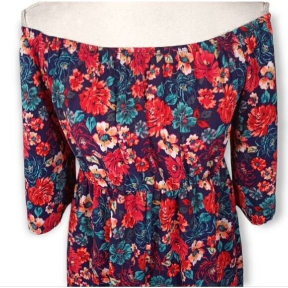 RED & TEAL FLORAL OFF-THE-SHOULDER MINI DRESS SZ.M EUC. - Picture 2 of 6